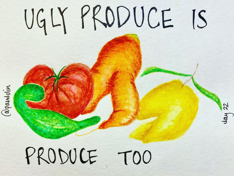 "Ugly Produce is produce too" around a bright watercolour painting of fruits and vegetables that look unusual: a carrot with two legs, a lemon with a chunk missing, etc.