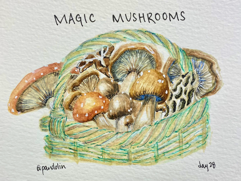 Watercolor of light brown mushrooms in a green basket on white paper with the text "MAGIC MUSHROOMS".