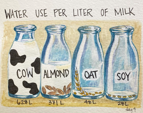 "Water Use per litre of milk" with four glass jars of different kinds of milk, from left to right: cow (628L), almond (371L), oat (48L), soy (28L)