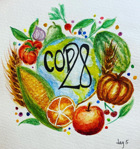"COP28" in black letters within a watercolour painting of the earth surrounded by fruits and vegetables.