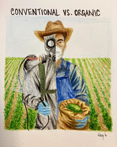 "Conventional vs Organic" above a watercolour painting of a farmer: their left half is wearing overalls and holding a sack. Their right side is in a haz-mat suit and gas mask, spraying fertiliser from a tank.