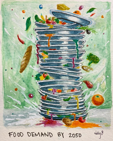 A watercolour painting of a stack of plates so high they are about to fall over. Various foods like bread and fruits and swirling around, looking like there's lots of movement. Below the caption says "Food demand by 2050"