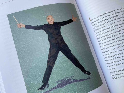 Photo of an illustrated portrait of Kevin John Edusei by Ayşe Klinge from the book Black Heroes.
