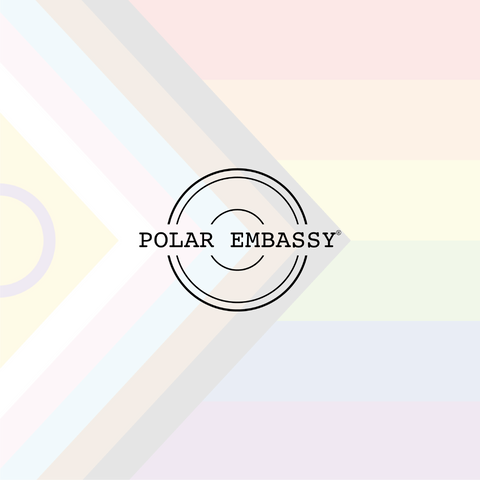 Inclusive pride flag colors with the Polar Embassy logo overlaid: black longitudinal lines with "POLAR EMBASSY" through the middle.
