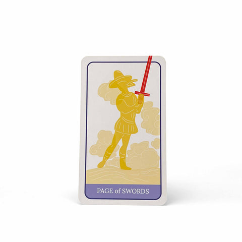 The "Page of Swords" tarot card, in which a man in a hat holds a sword over his shoulder.
