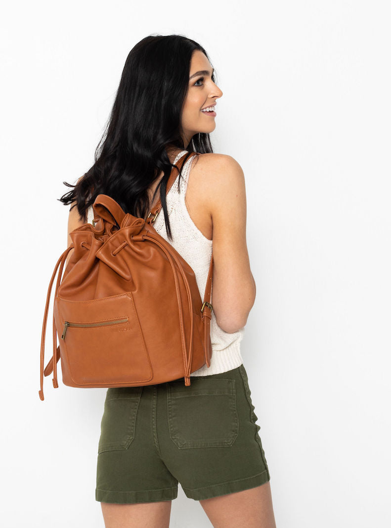 Fawn Design Drawstring Bucket Bag in Brown Vegan Leather 