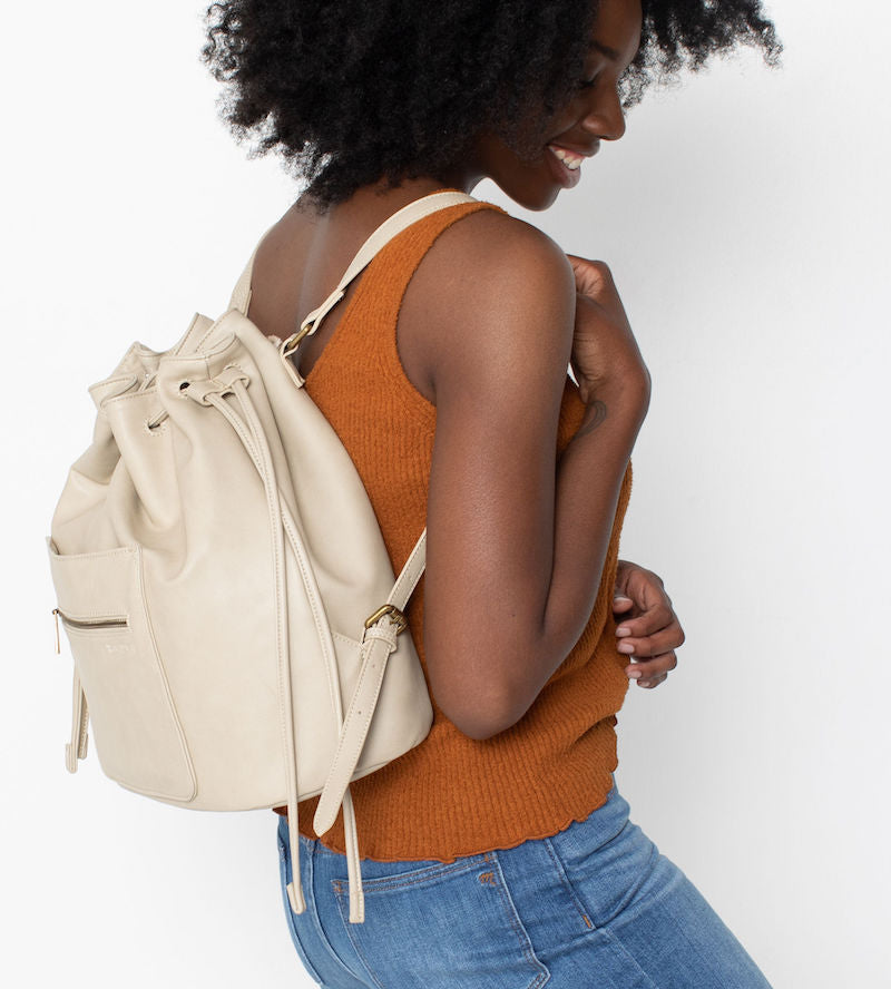 Fawn Design Drawstring Bucket Bag in Bone Vegan Leather 