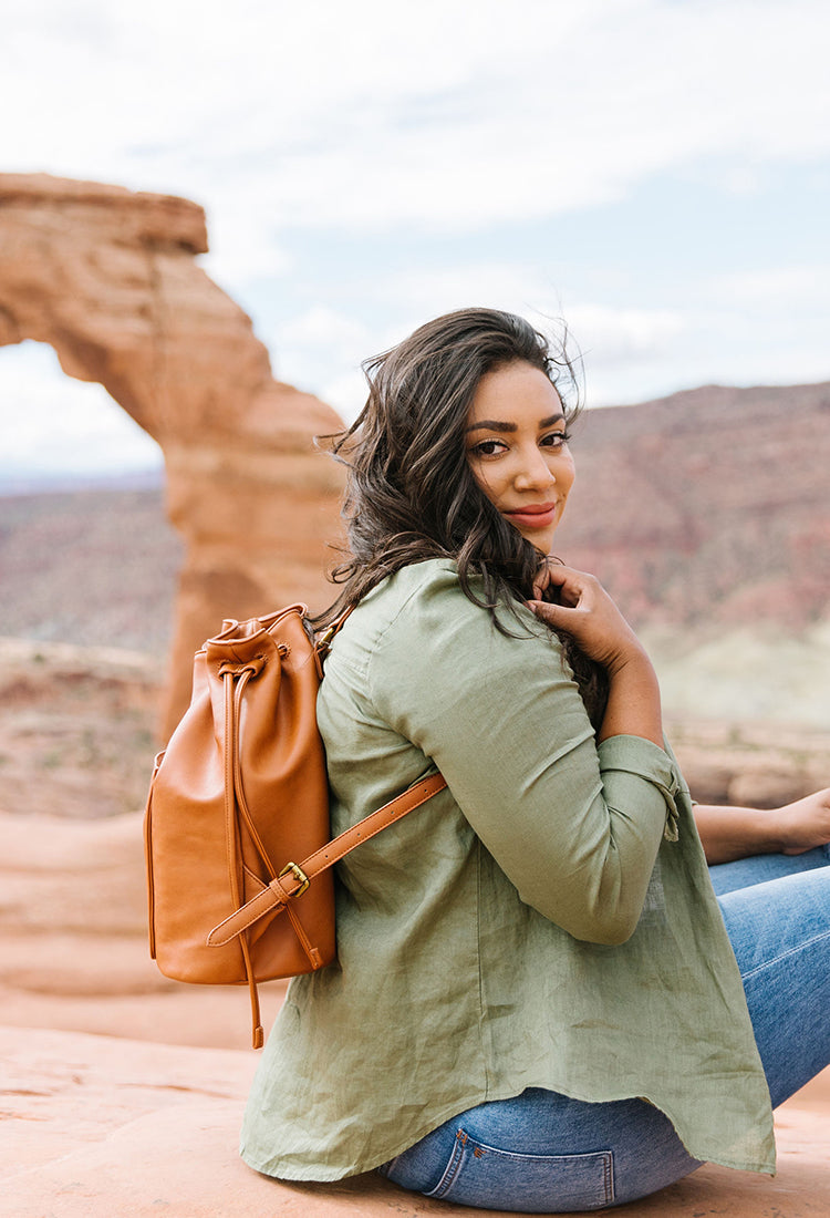 Fawn Design Drawstring Bucket Bag in Brown Vegan Leather | Fawn Design Travel Guide to Moab 