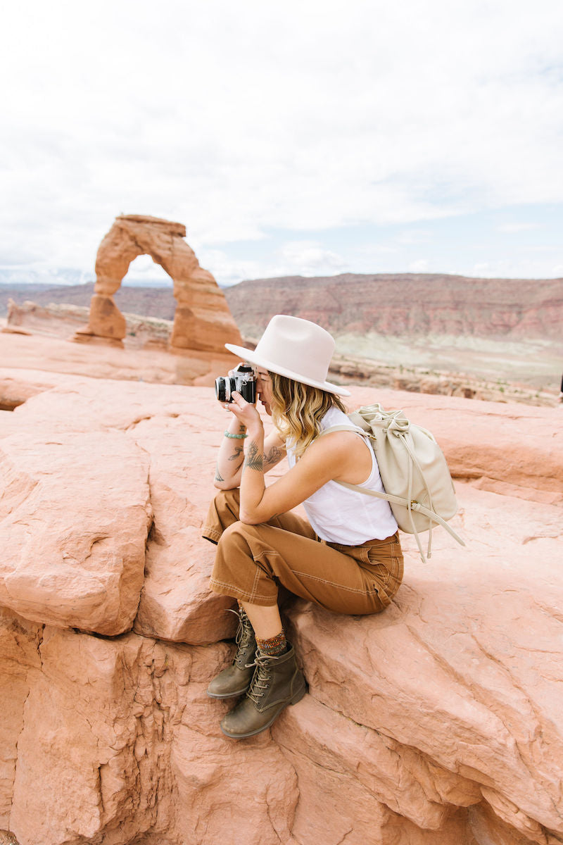 Fawn Design Drawstring Bucket Bag in Bone Vegan Leather | Fawn Design Travel Guide to Moab 