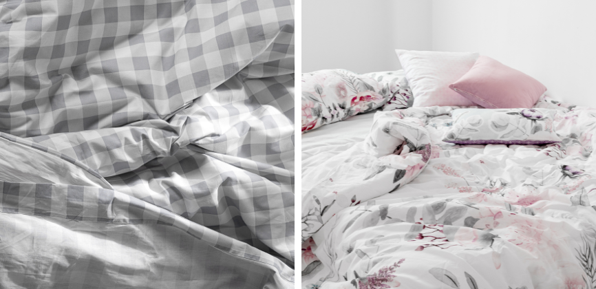 Estampado cuadros vichy grisis a la izquierda y diseño para cama con flores en gris y rosa a la derecha