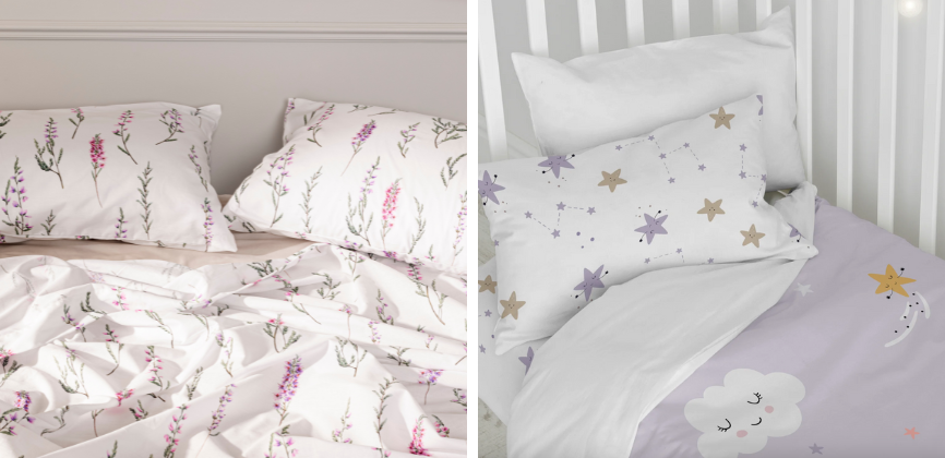 Combinación de diseño adulto con flores lilas y rosas y diseño infantil para cuna en lila y blanco