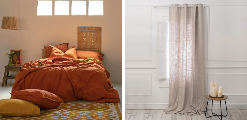 Collage de cama con juego terracota y a la derecha cortinas de lino beis