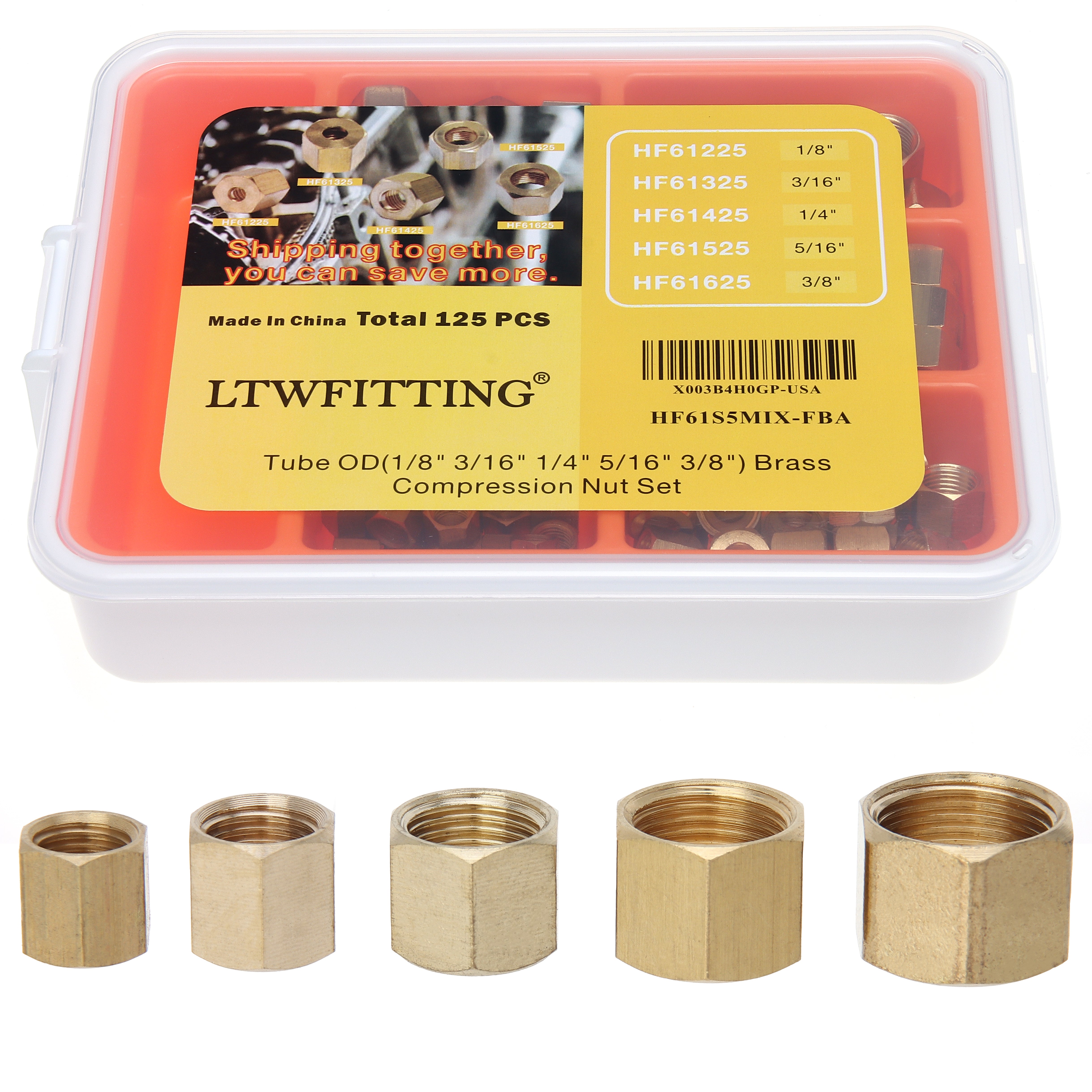 LTWFITTING Assortment Kit Tube OD 1/8 inch 3/16 inch 1/4 inch 5/16 inch 3/8 inch Brass Compression Nut Set (Pack of 125)
