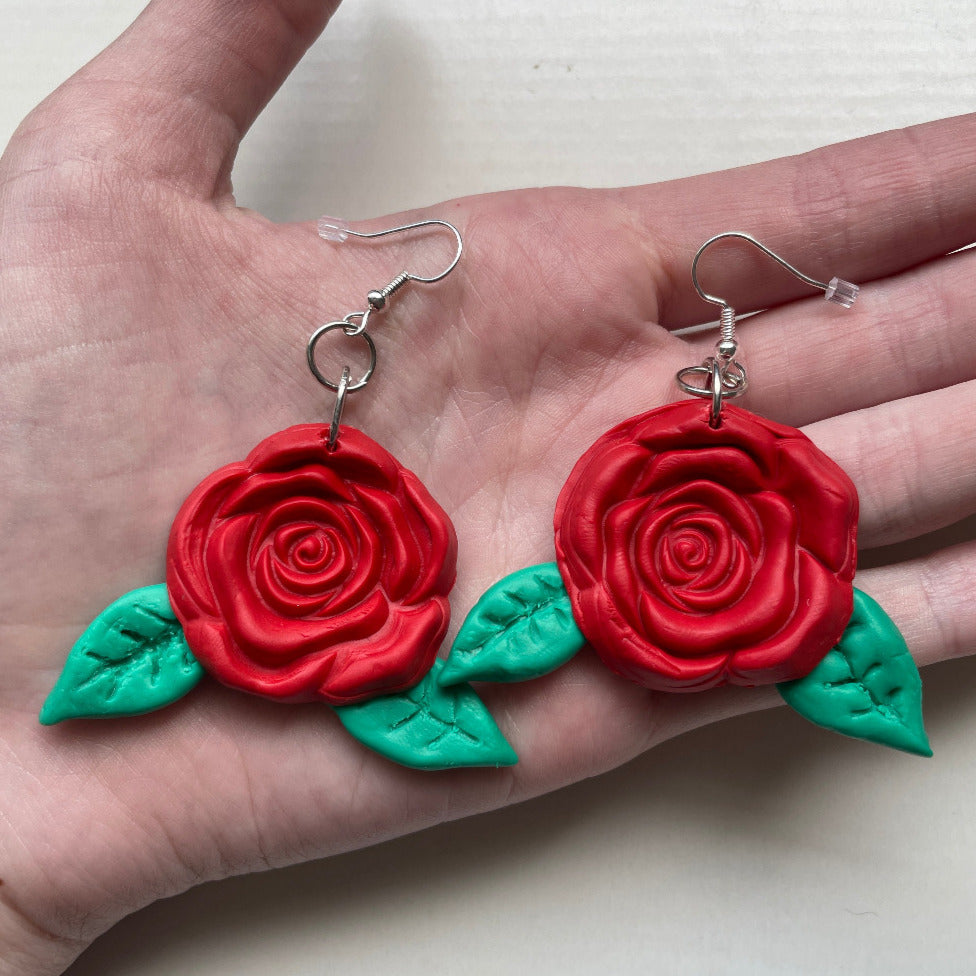 Roses with leaves polymer clay earrings - patchleycreations