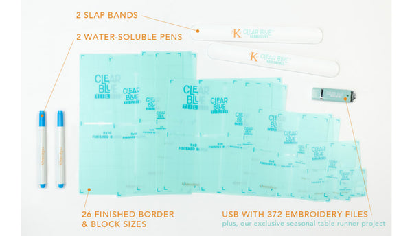 Kimberbell Clear Blue Tiles Essentials Set Contents featuring 2 Slap Bands, 2 Water-Soluble Pens, Blue Tiles to create 26 Finished Border and Block Sizes and a USB with 372 Embroidery Files