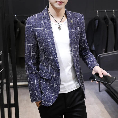 Blazer masculino slim quadriculado cinza com corte ajustado