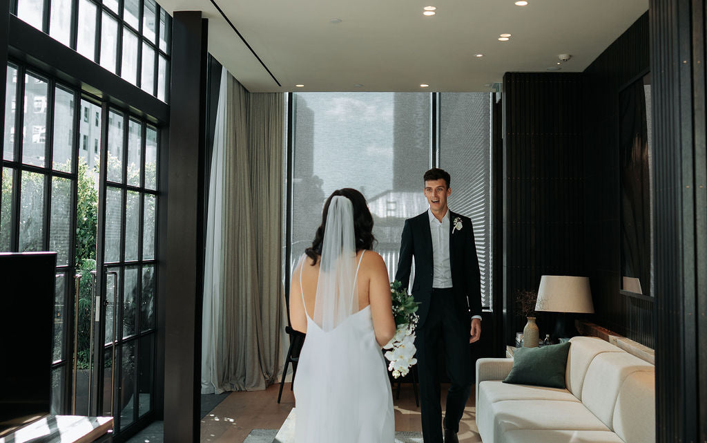 Grooms first look at his Bride, Hotel Britomart, Auckland CBD