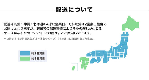 配送について、九州・沖縄・北海道のみ役3営業日、それ以外は2営業日程度でお届けとなりますが、天候等の配送事情により、多少の遅れが生じることがあるため、「2〜5日でお届け」とご案内しております。