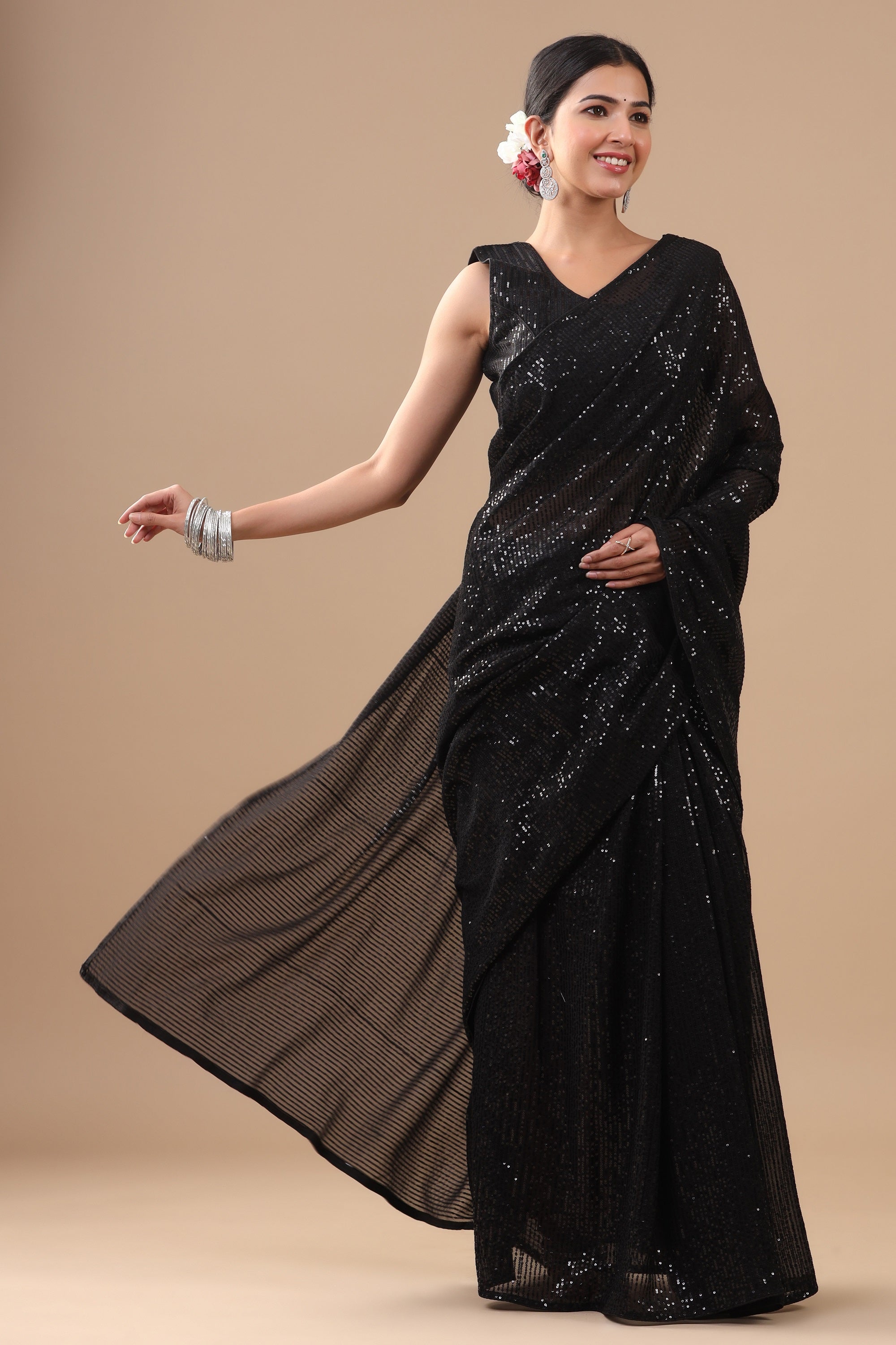 Black Embroidered Net Saree With Blouse Latest 3055SR01