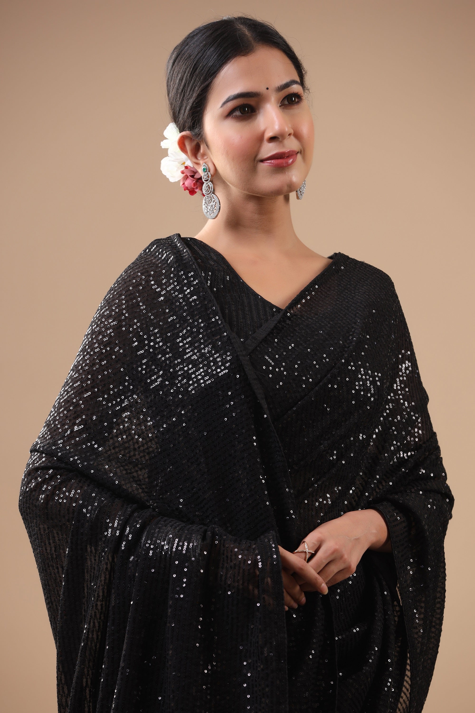 Black Color Georgette Sequin Work Saree For Wedding Party