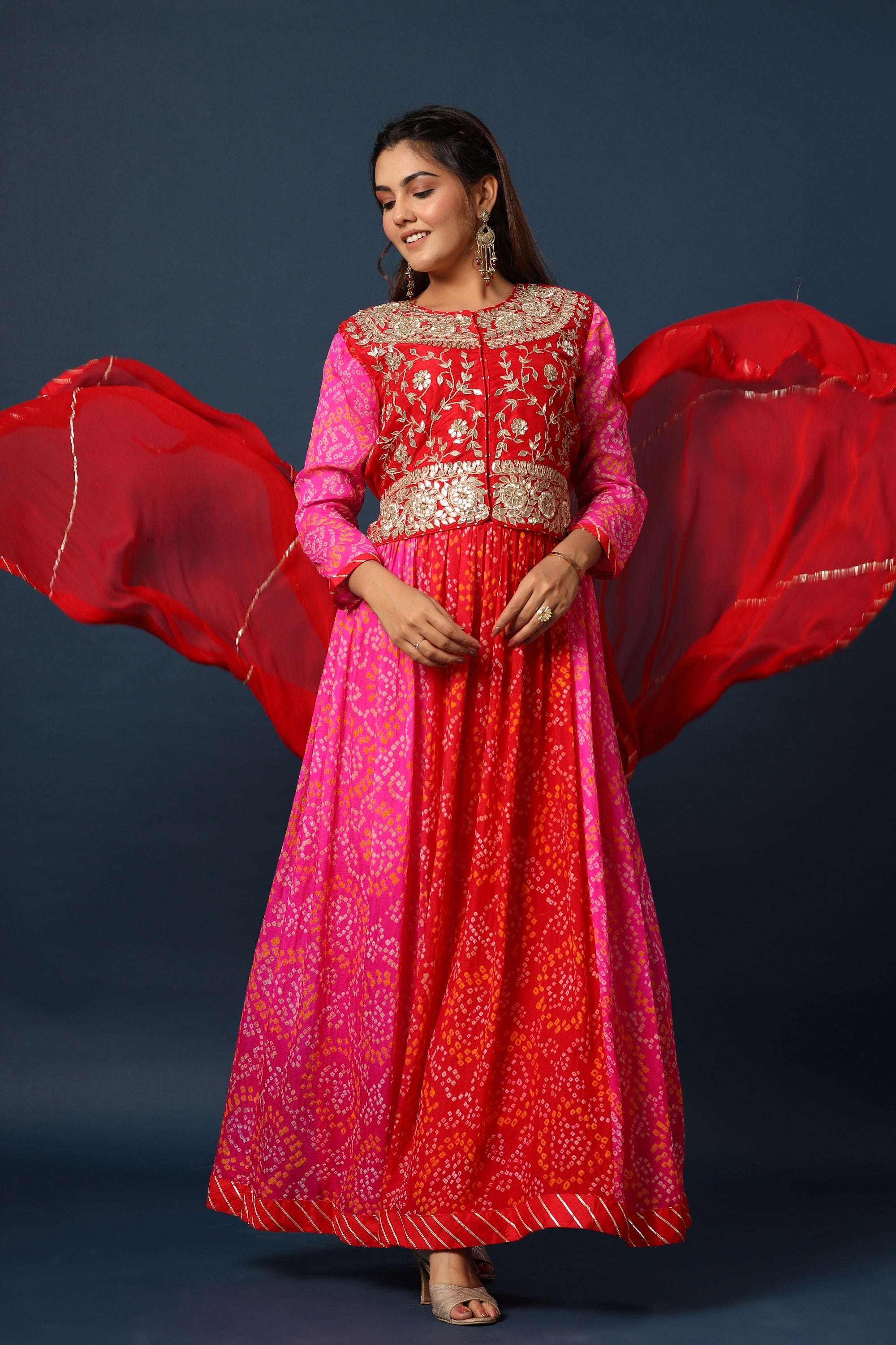 Shop Kids Girls Green Bandhani Printed Rayon Gown With Dupatta Set Festive  Wear Online at Best Price | Cbazaar