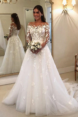 A-line Strapless Long Sleeves Court Train Tulle Applique Wedding