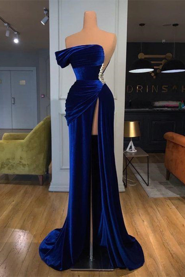 Elegant Royal Blue Long Mermaid Sweetheart Slit Velvet Prom Dress