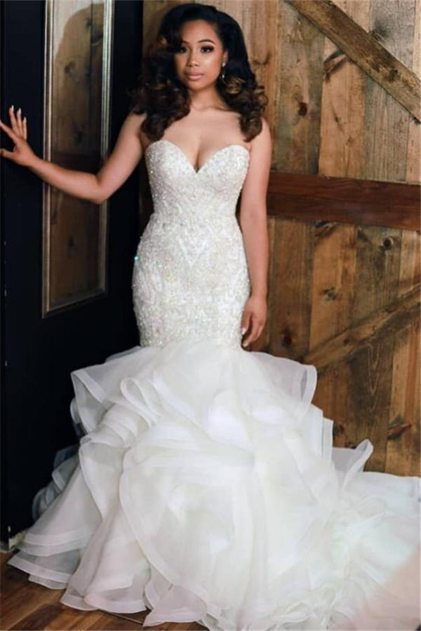 Luxurious Mermaid Beading Wedding Dresses Sweetheart Neck Ruffless