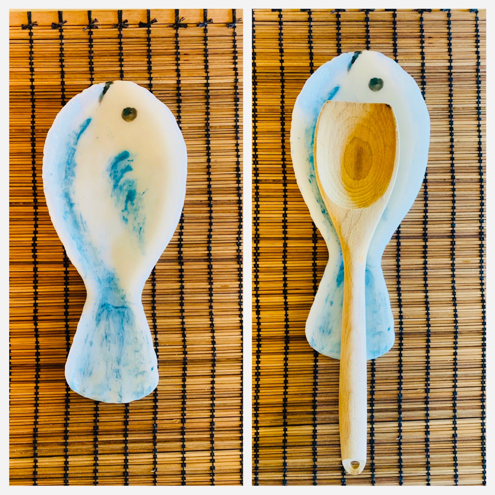 Spoon rest for the kitchen in the shape of a fish colored blue made with InstaMorph moldable plastic.