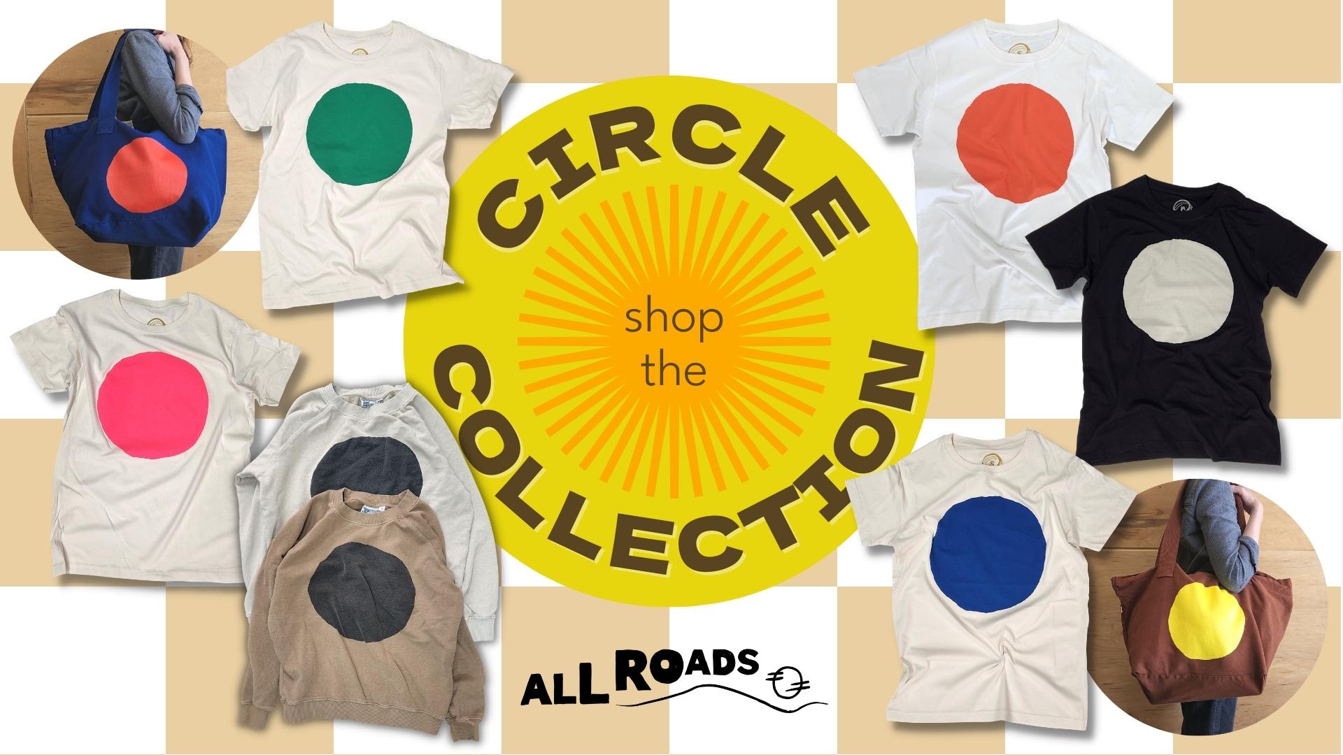 A collection of circle t-shirts and circle totes in bright fun colors