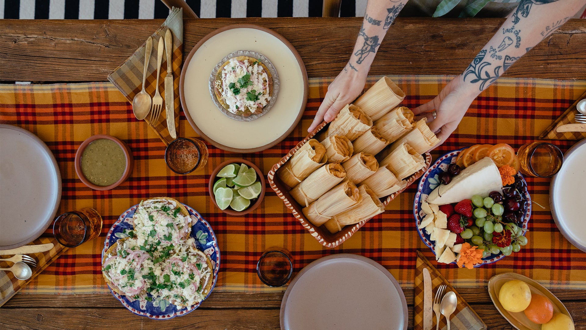 Serving tamales over an All Roads plaid tablerunner.