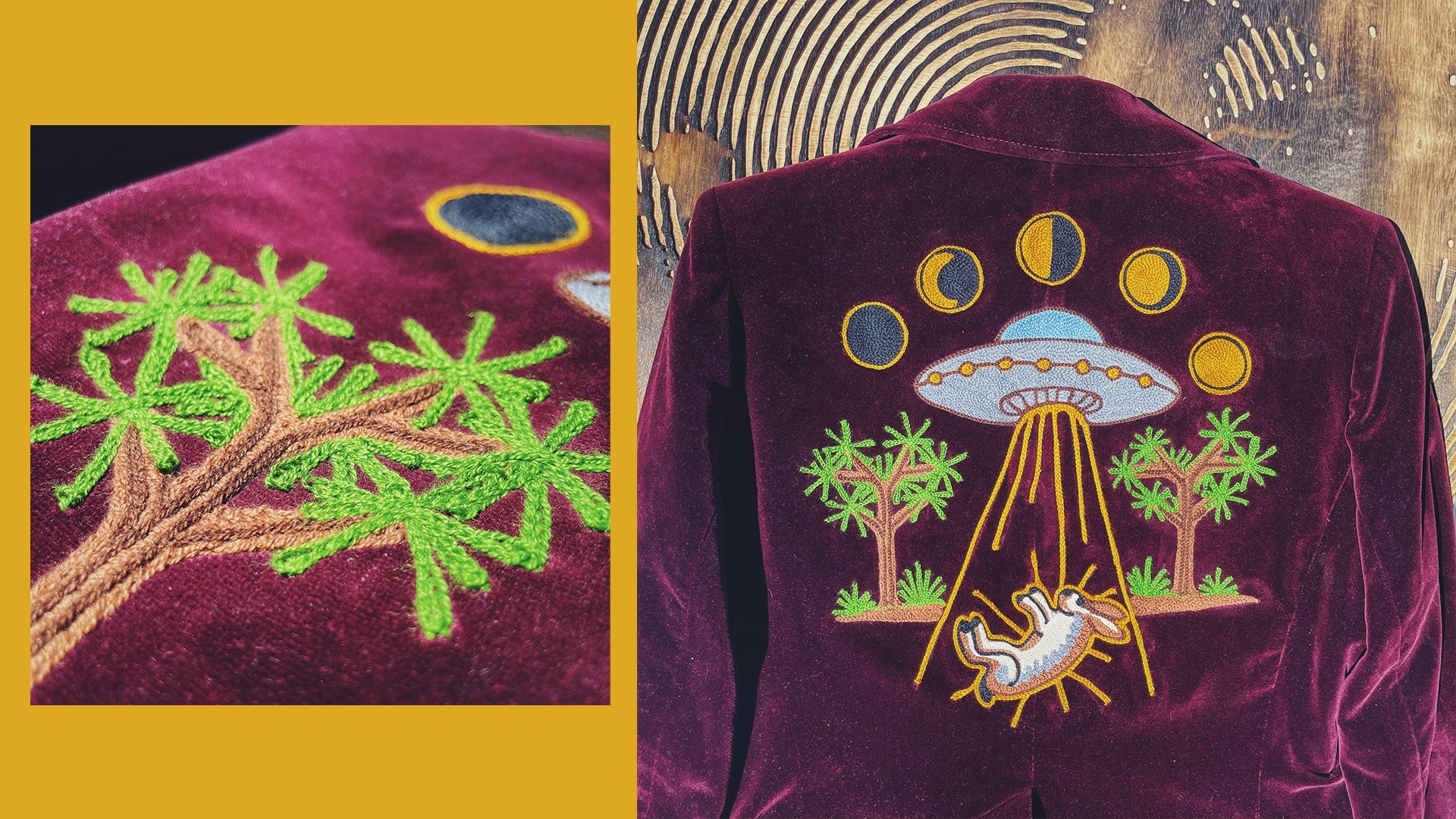embroidered desert UFO alien scene with joshua trees