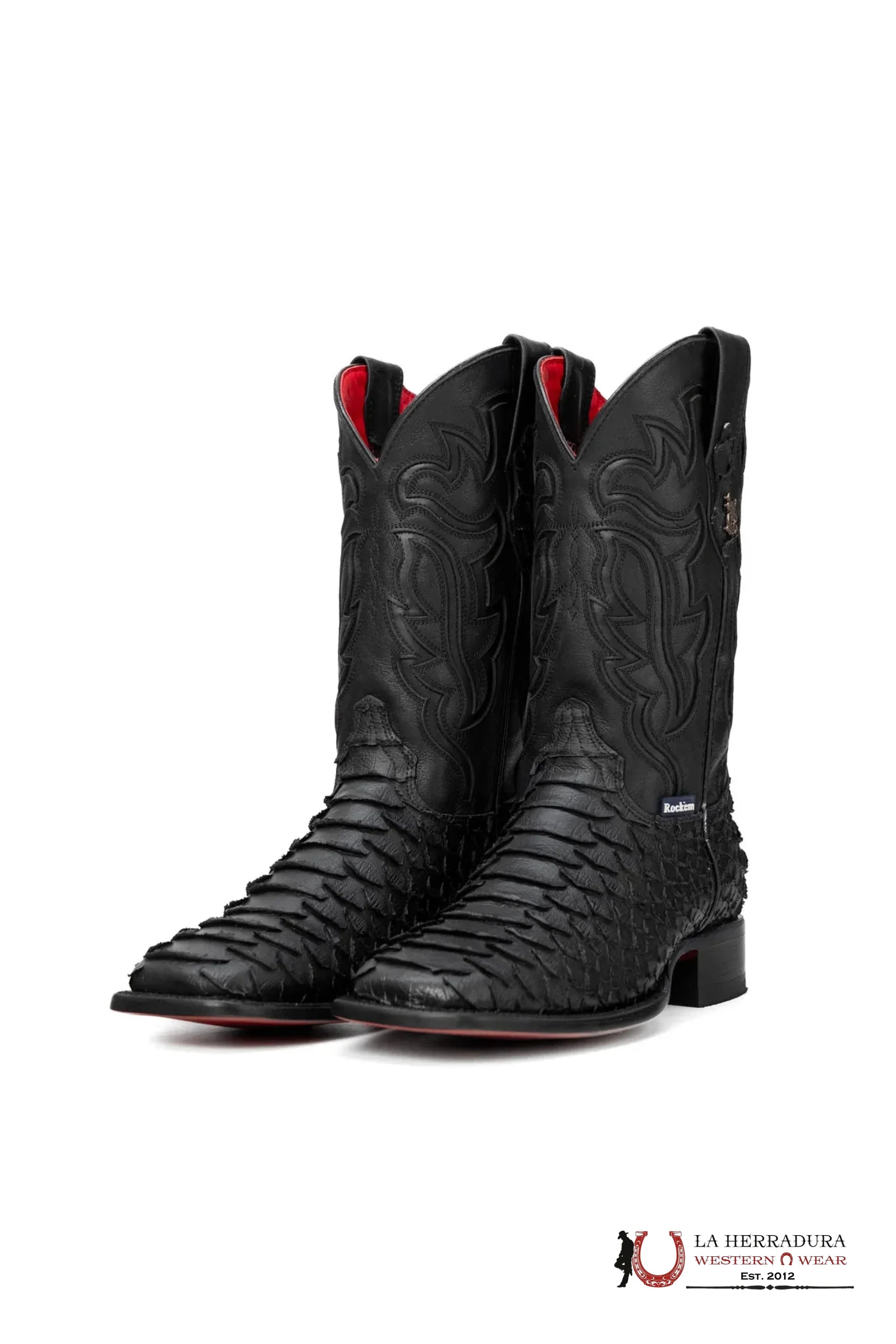 ROCKEM RED BOTTOM PYTHON CLON MEGA BLACK MATTE RED BOTTOM SQ. TOE BOOT