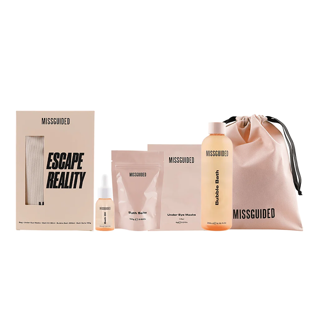 Missguided Escape Reality Bath & Body Gift Set (Bath Oil 30ml + Bath Salts 100g + Under Eye Mask + Bubble Bath 200ml + Drawstring Bag)