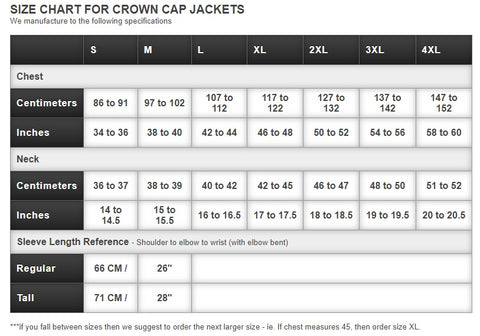 Size chart for crown cap jackets