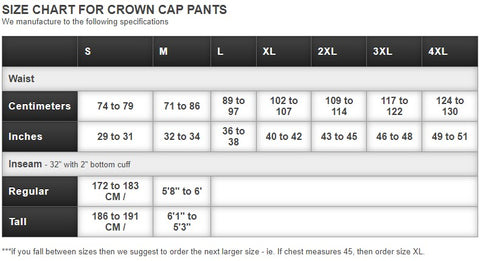 Size chart for crown cap pants