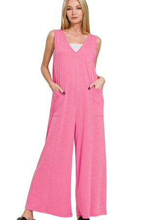 Zenana French Terry Deep V Neck Jumpsuits - lazyqranchwear