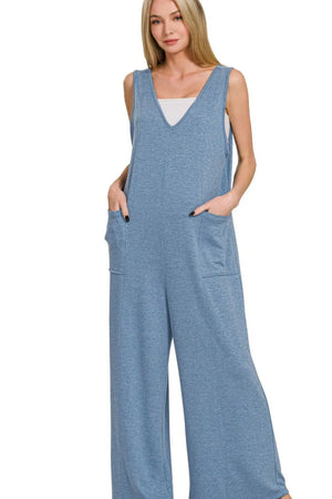 Zenana French Terry Deep V Neck Jumpsuits - lazyqranchwear