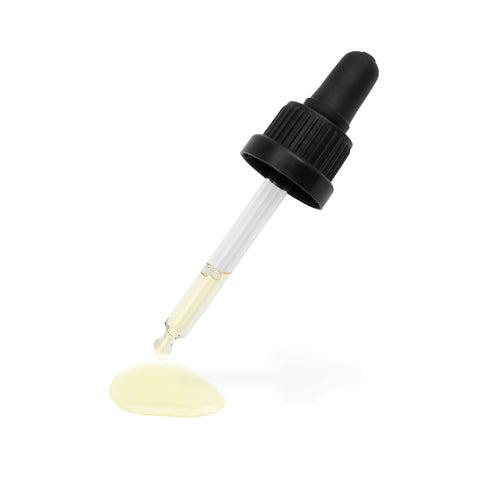 Image of an oil dropper pipette dispensing drops of beard oil onto a white surface