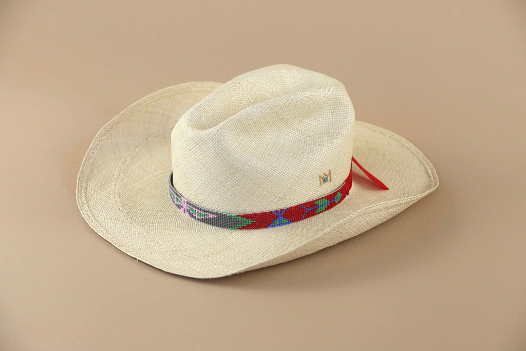 Seed Bead Bag Strap - Pink Strap White Cowboy Hat