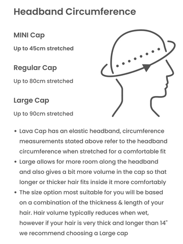 Lava Cap size guide for MINI (for children), Regular and Large heat cap sizes