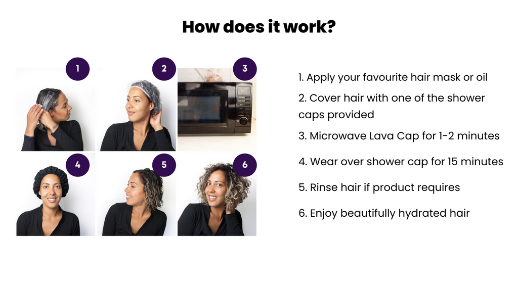 Lava Caps are simple to use: microwave for 90 seconds and wear over shower cap after you’ve applied a hair mask, conditioner or hair oil to slightly damp hair