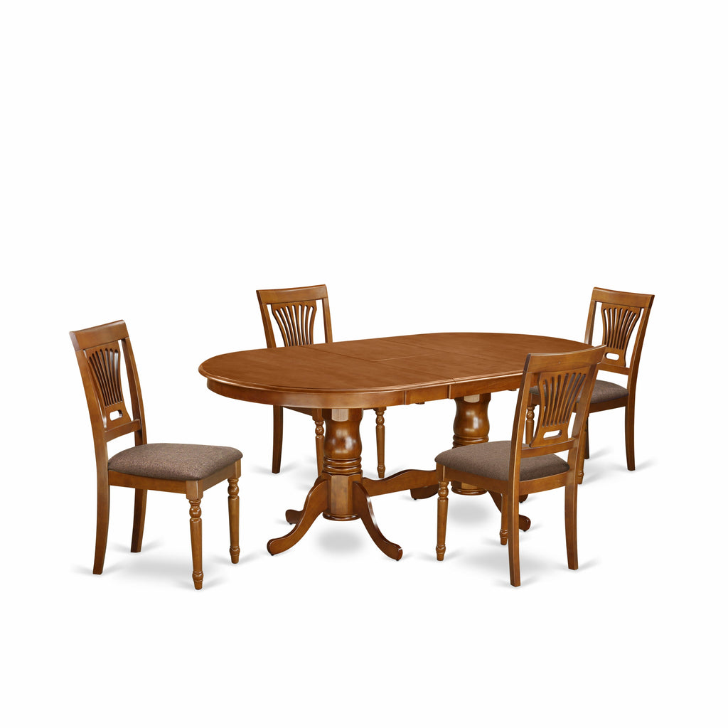 East West Furniture PLAI5-SBR-C 5 Piece Dinette Set for 4 Includes an Oval Dining Table with Butterfly Leaf and 4 Linen Fabric Dining Room Chairs, 42x78 Inch, Saddle Brown