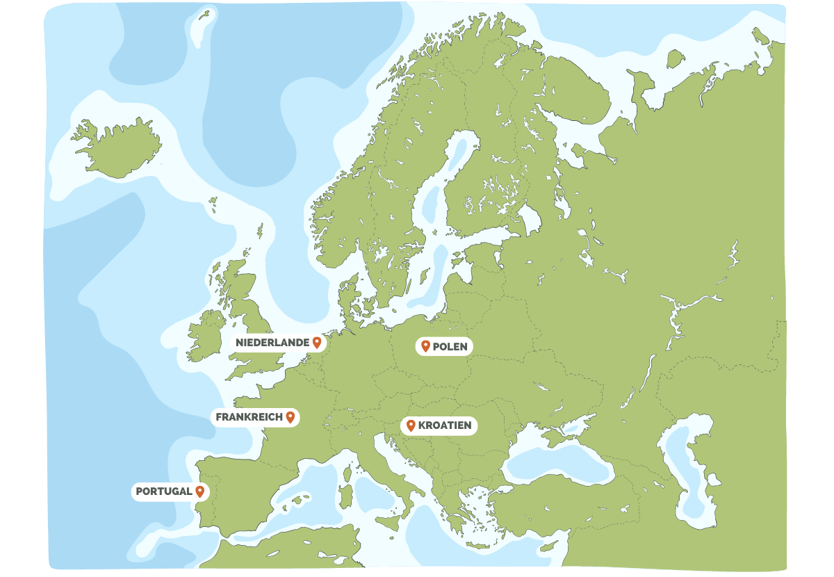 Europakarte mit empfohlenen Backpacking-Zielen eingezeichnet