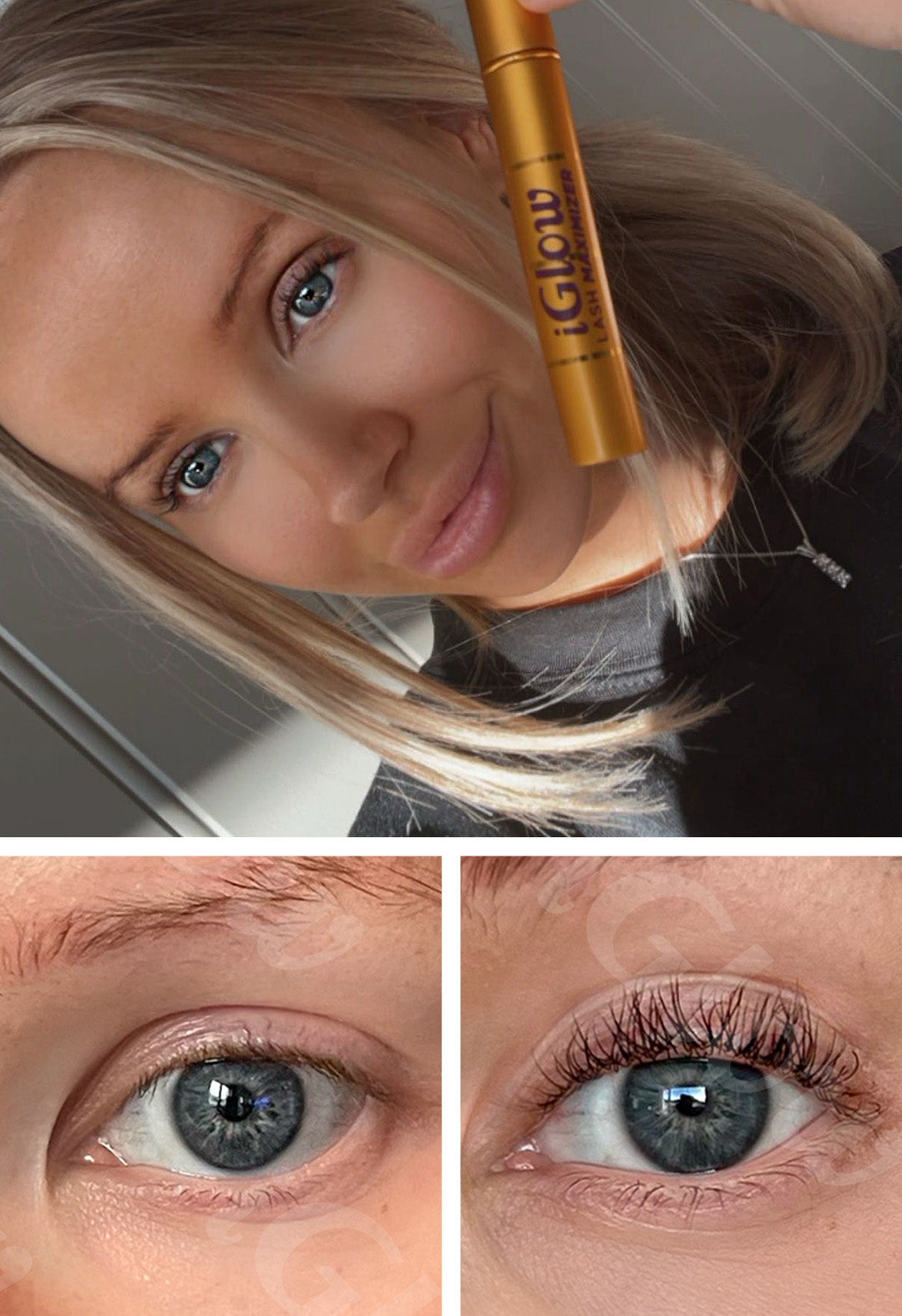 Et før-og-etter bilde av en blond kvinne som viser resultatene av iGlow Lash Maximizer vippeserum. Øverst poserer hun med serumet, og hennes blå øyne og glødende hud er fremtredende. Nederst er nærbilder av øynene som sammenligner vippelengden og -tettheten før og etter bruk, med tydelig forbedring i vippenes volum og lengde.