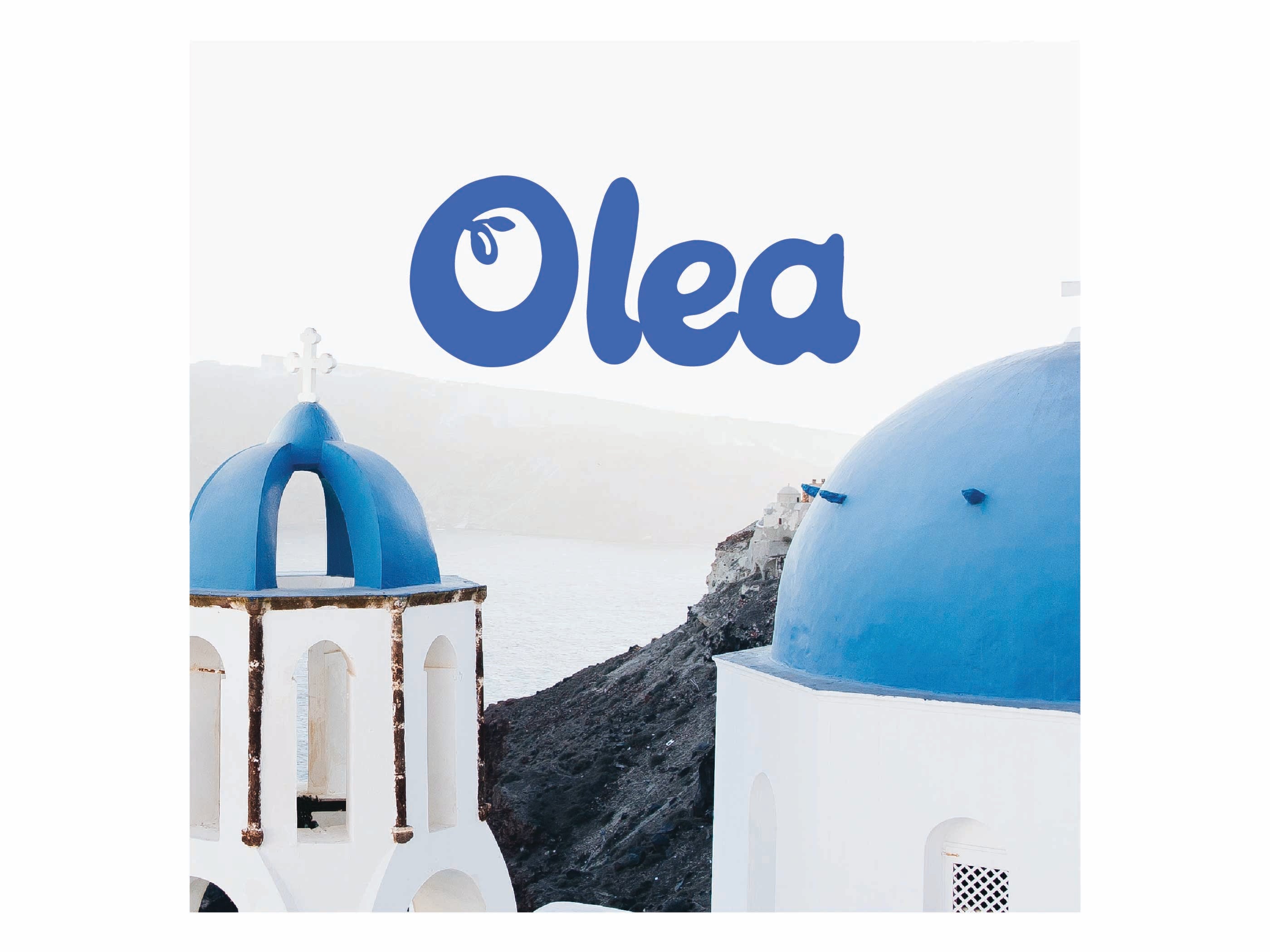 Greek blue-roofed buildings with the Olea logo