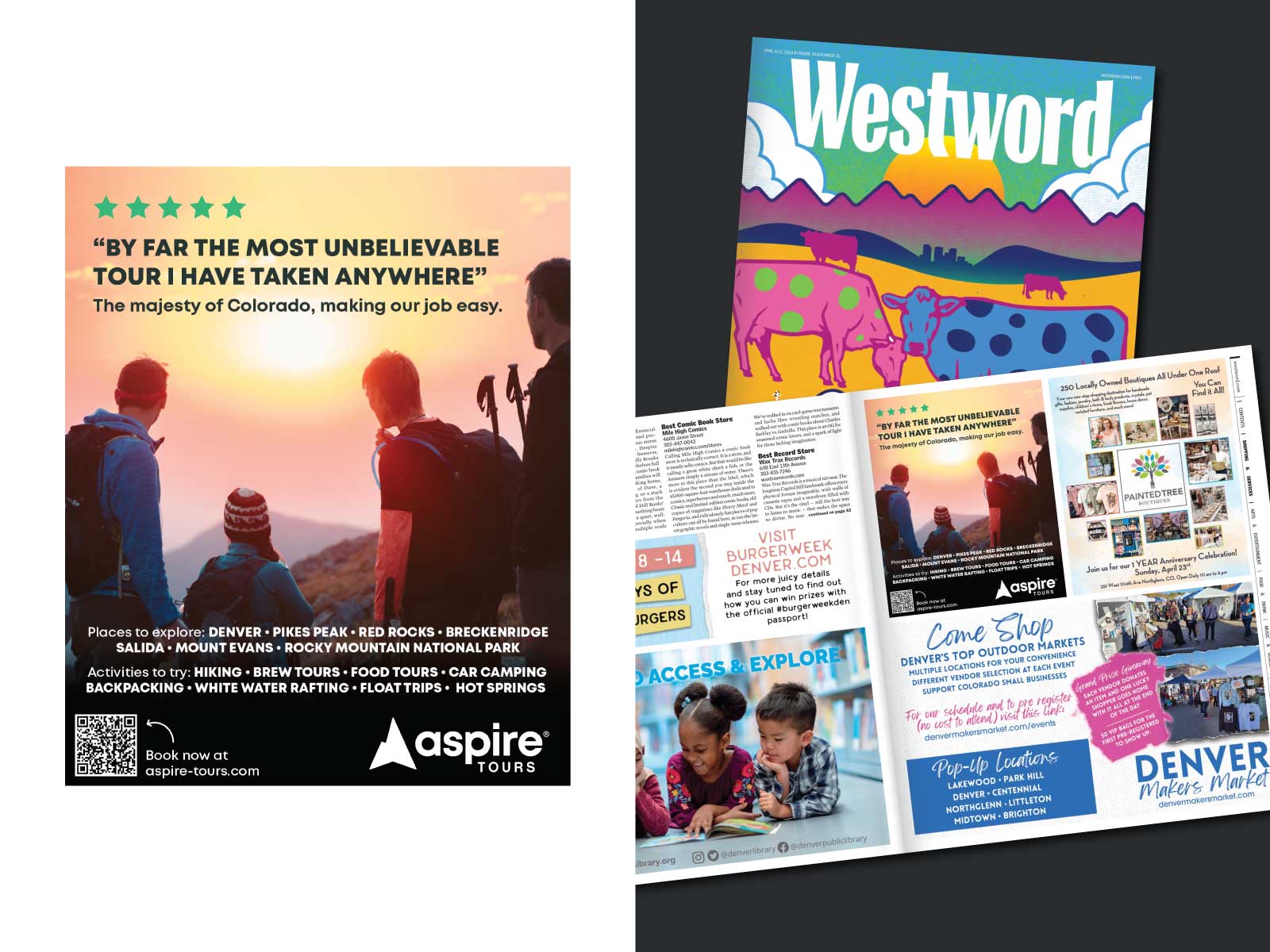 A print ad placement in Westword's Best of Denver issue showing four people looking at the sunset on top of Long's Peak