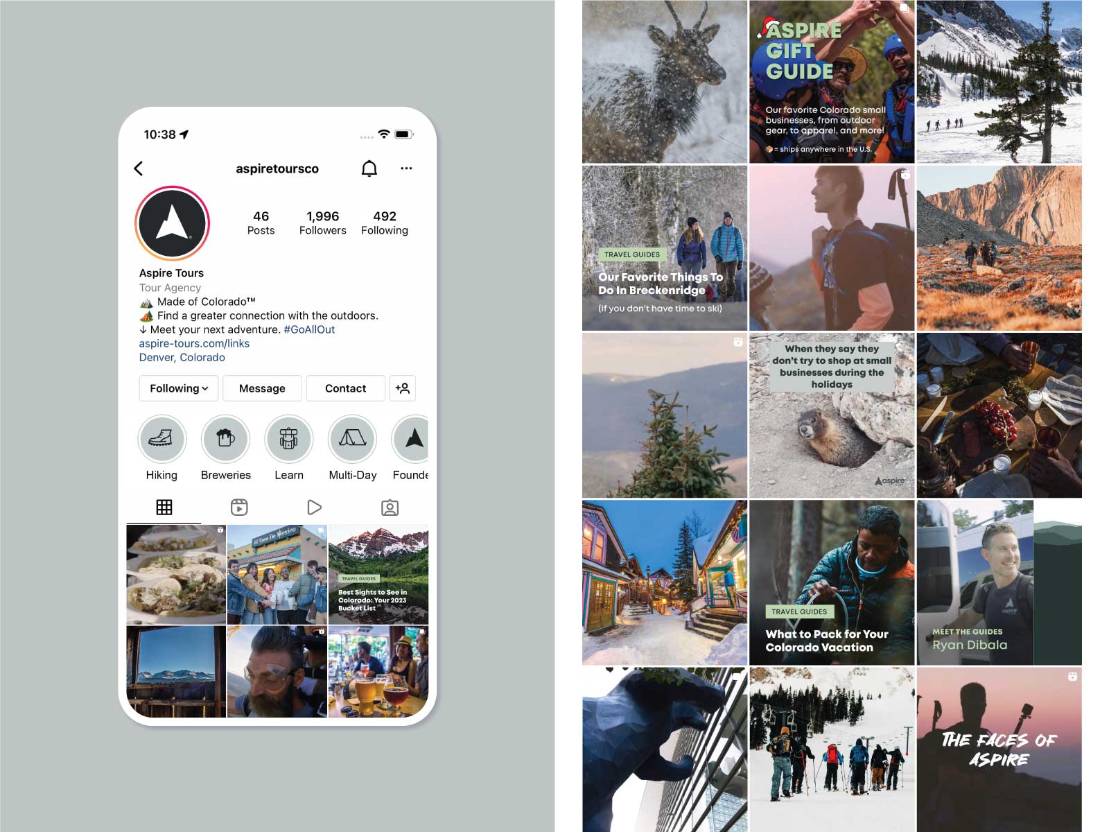 A mockup of Aspire Tours' Instagram profile page