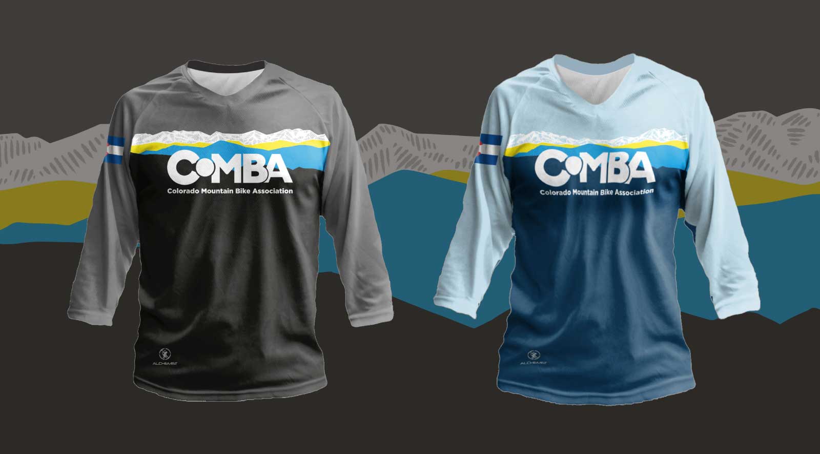 Two MTB jerseys with COMBA's logo and an illustration of the Front Range. One is black and grey, the other shades of blue.