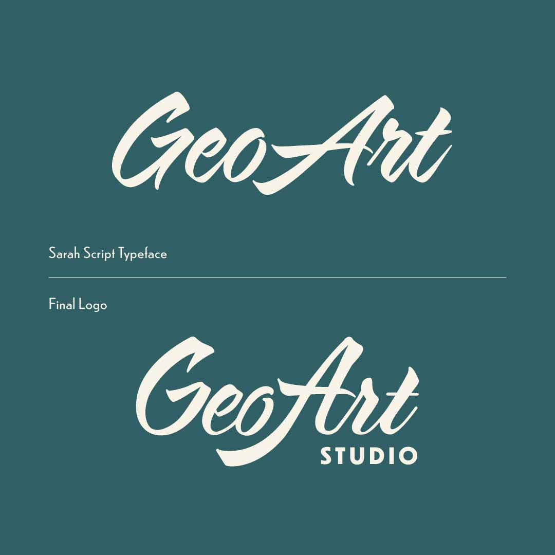 The original Sarah Script typeface and the custom logotype I created for GeoArt